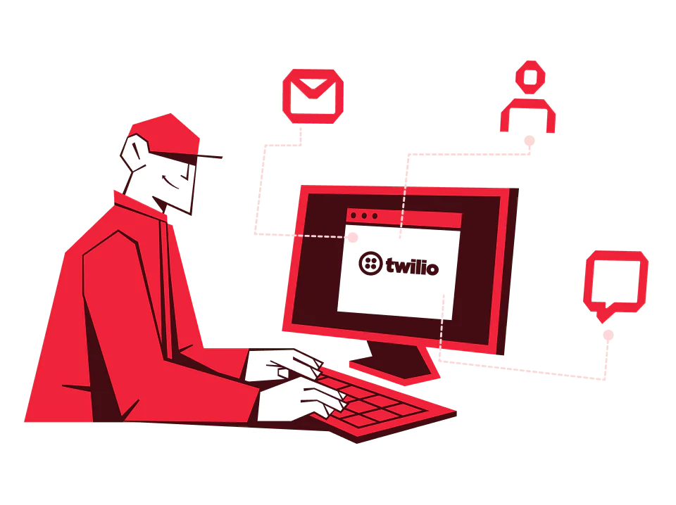 Person in red using a computer displaying Twilio, with icons of message, person, and speech bubble.