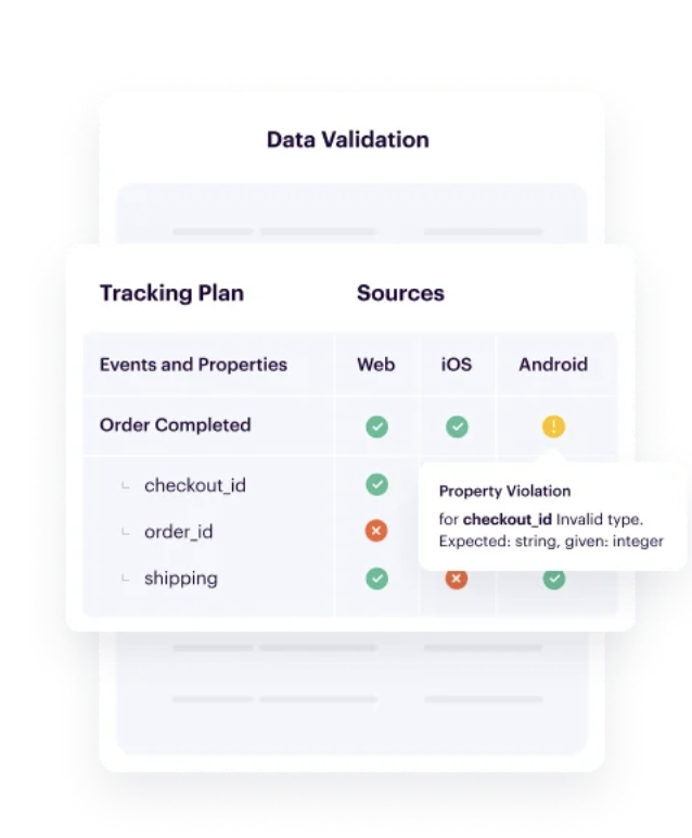 Data validation table with tracking plan and sources, including order info and property violation details highlighted.