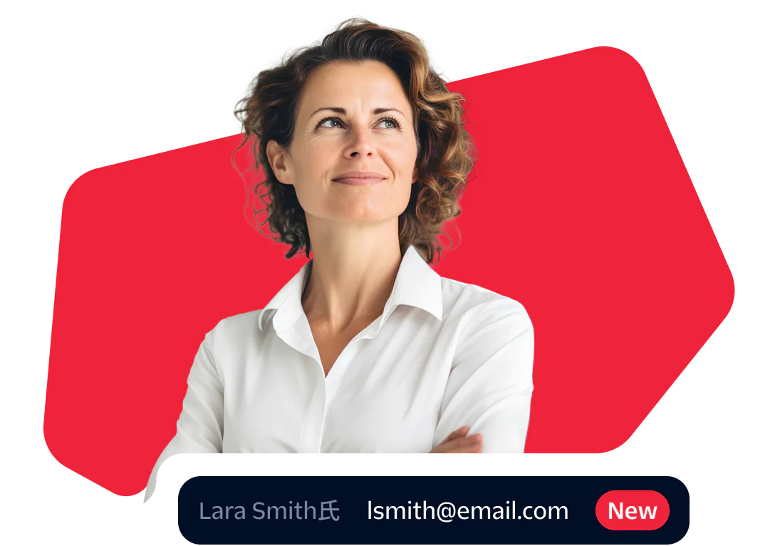Woman in white shirt looking confident with an email address and new message alert