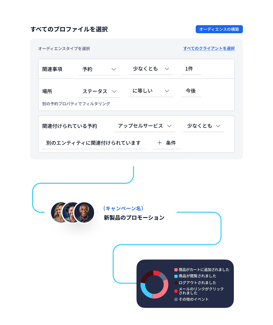UI interface for audience selection, campaign promotion flowchart, and analytics pie chart