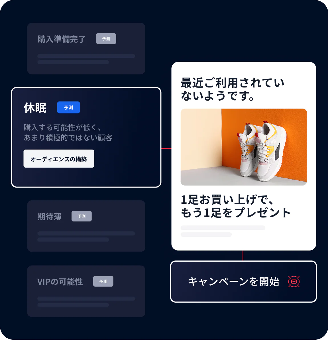 Marketing dashboard showing dormant customers and a campaign offering a free pair of shoes with a purchase