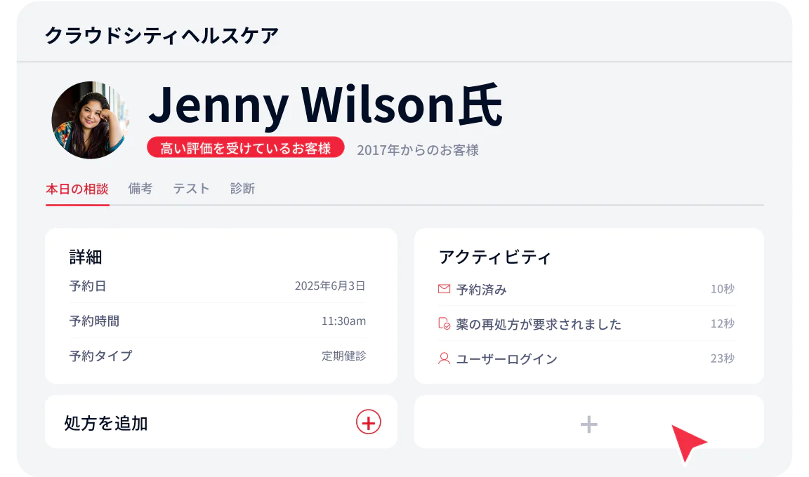 Cloud City Healthcare dashboard for Jenny Wilson showing appointment and activity details.