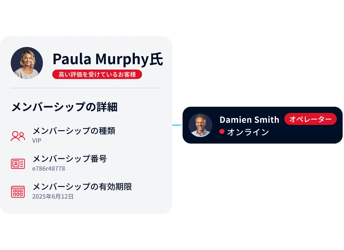 Customer profile with membership details and connection to a support agent.