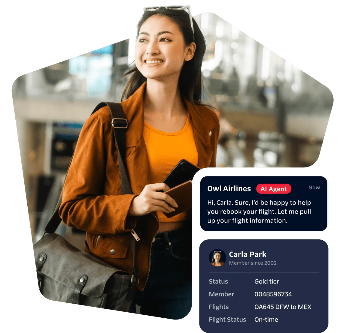 Smiling woman with phone and AI chat on screen for flight rebooking