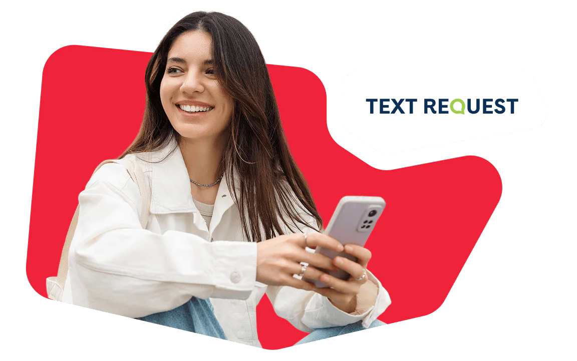 Young woman smiling, holding a smartphone, with red background and text request logo.