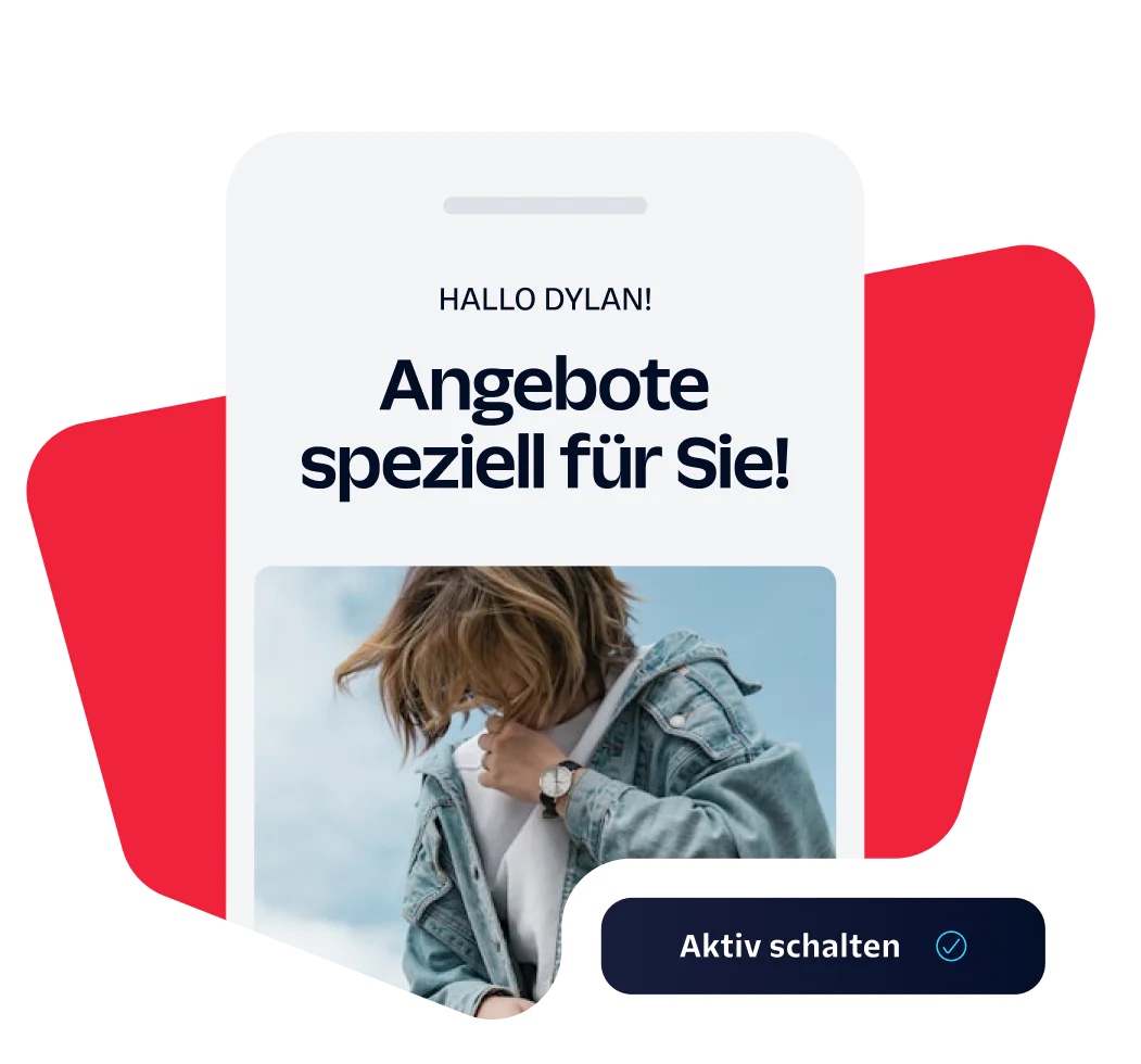 Smartphone screen displaying a personalized offer message with a person in a denim jacket.