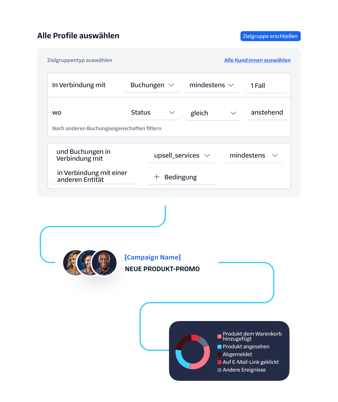 UI interface for audience selection, campaign promotion flowchart, and analytics pie chart