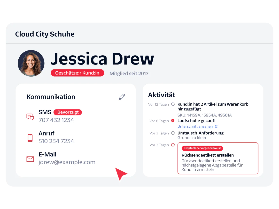 Customer profile showing Jessica Drew's info, preferred contact, order details, and return label action.