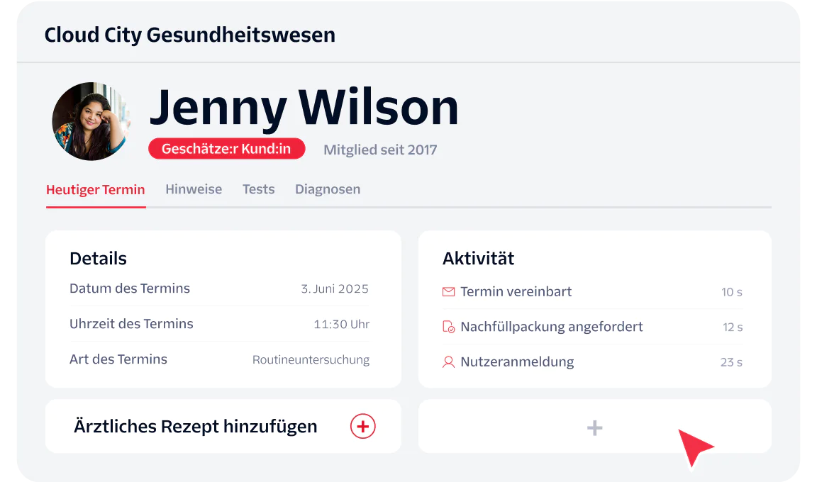 Cloud City Healthcare dashboard for Jenny Wilson showing appointment and activity details.