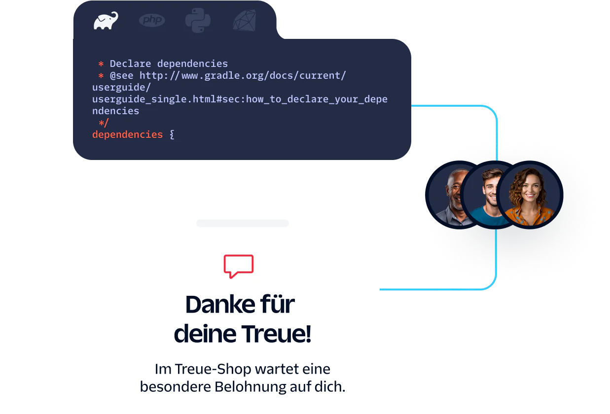 Customer appreciation message with loyalty shop link and code snippet for declaring dependencies.