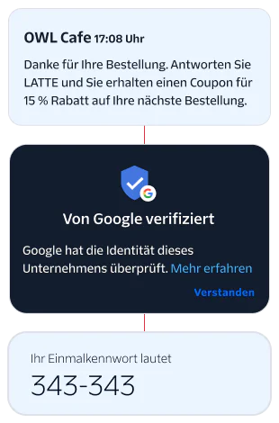 Notifications showing order confirmation from OWL Cafe and Google business verification.