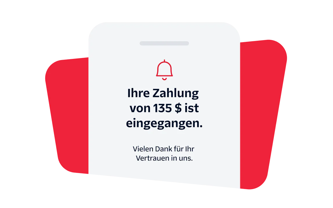 Notification showing payment of $135 received with a thank you message and a bell icon.