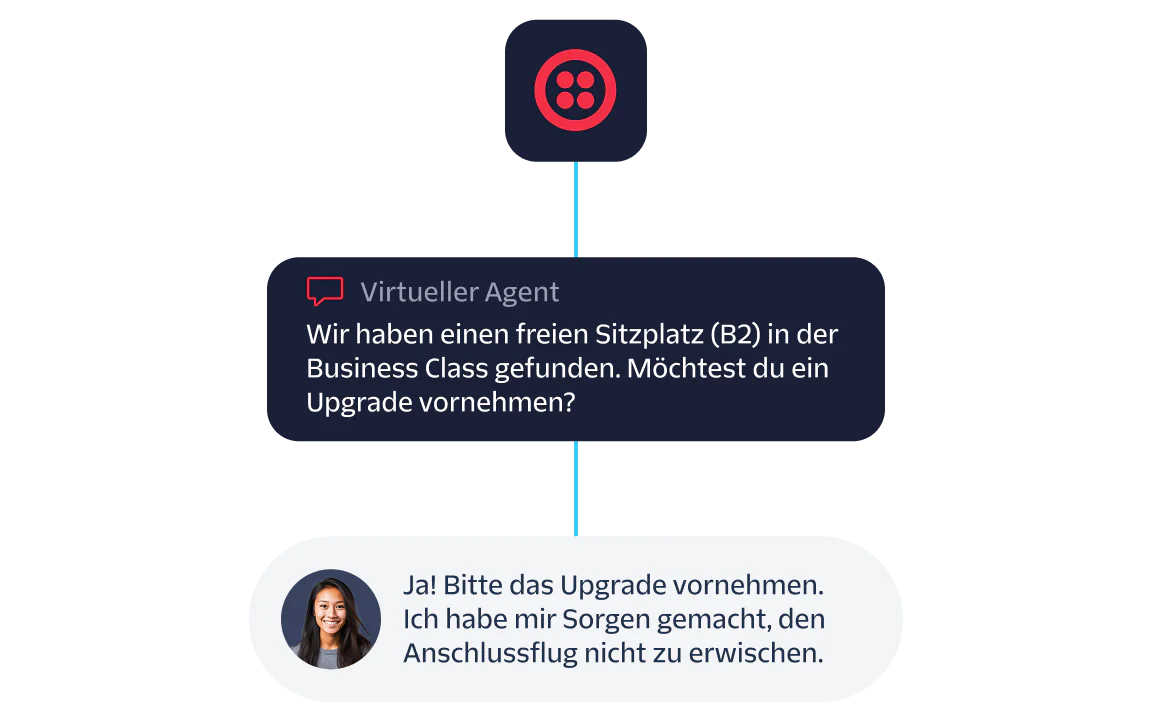 Virtual agent offering a business class upgrade with a user accepting the upgrade in a messaging interface.