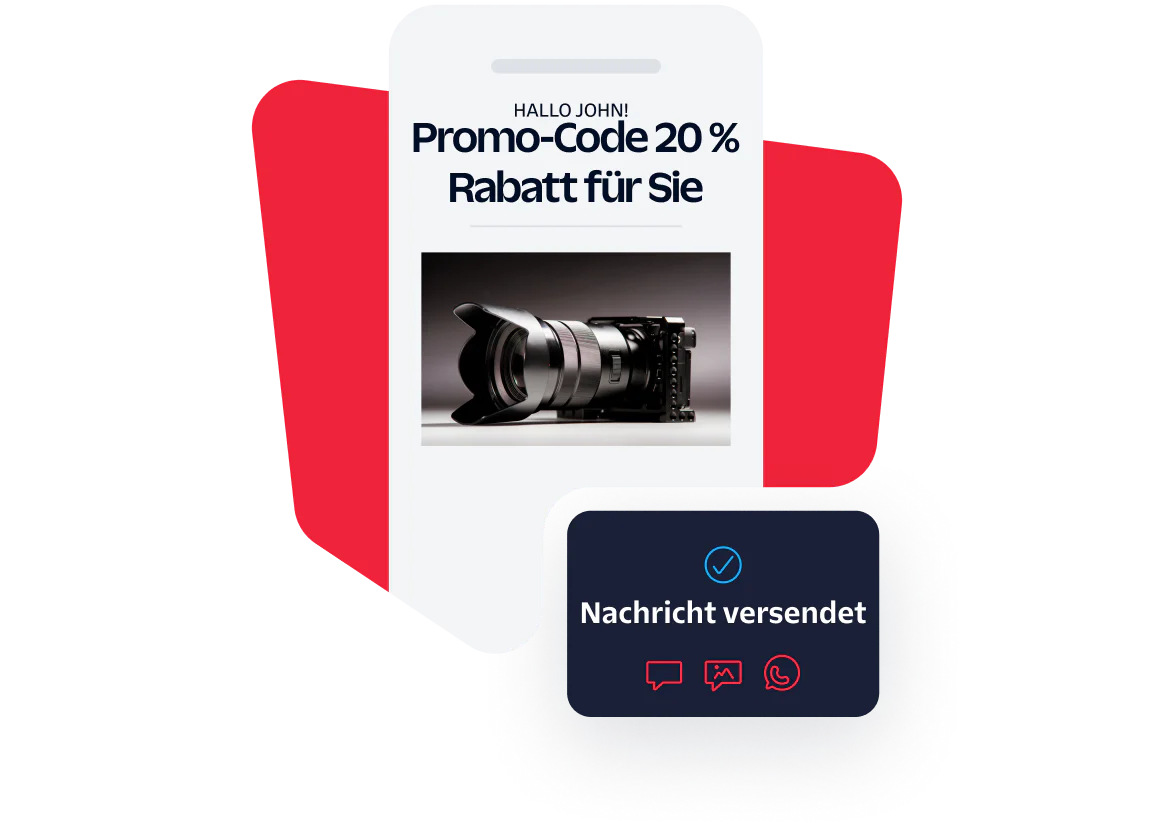 Phone screen showing a promo code for 20% off camera gear and confirmation message bubble stating Message sent