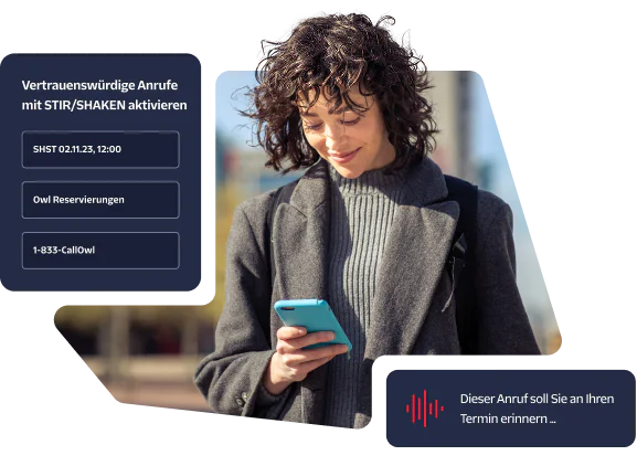 Woman looking at her phone with appointment reminder and calling details on the screen.