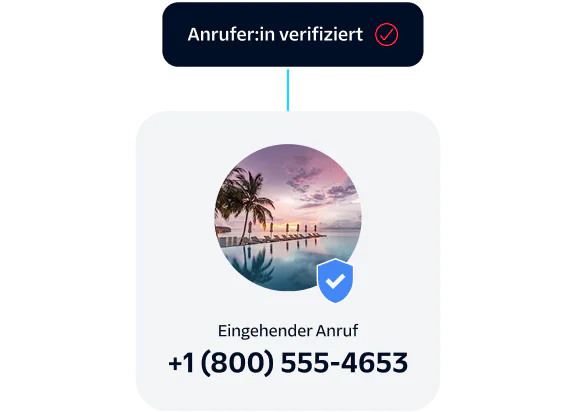 Verified incoming call from 1(800)555-4653 with a background image of palm trees and a swimming pool.