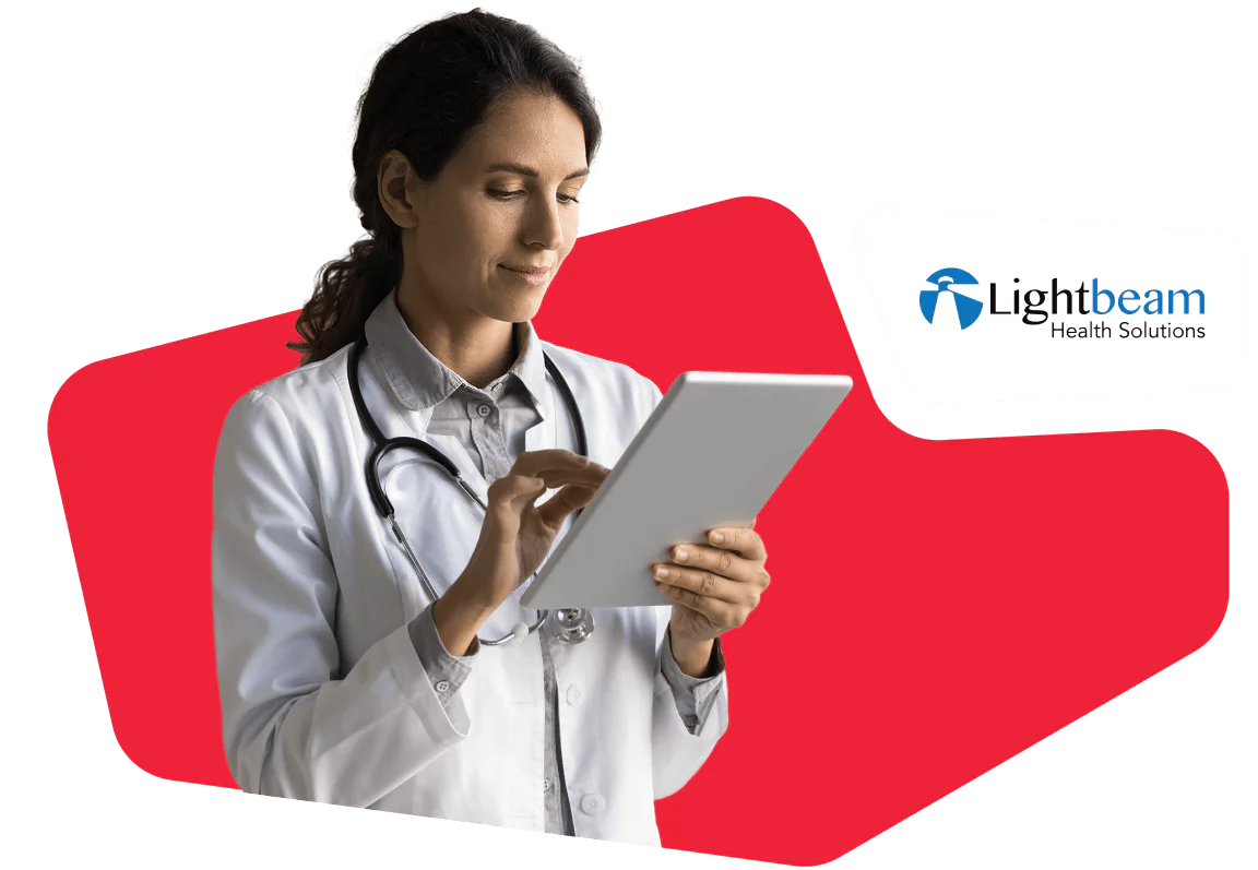 Female doctor in white coat using tablet with Lightbeam Health Solutions logo in the background.