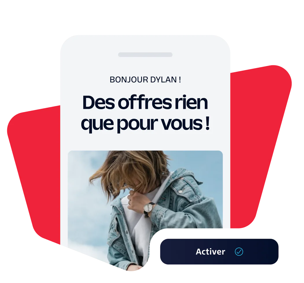 Smartphone screen displaying a personalized offer message with a person in a denim jacket.