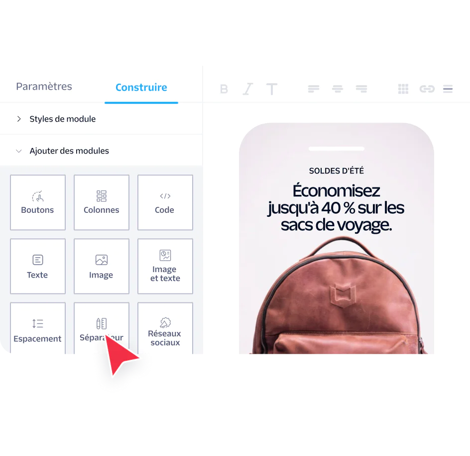 Email builder showing tools and a preview of a summer sale ad for travel season bags