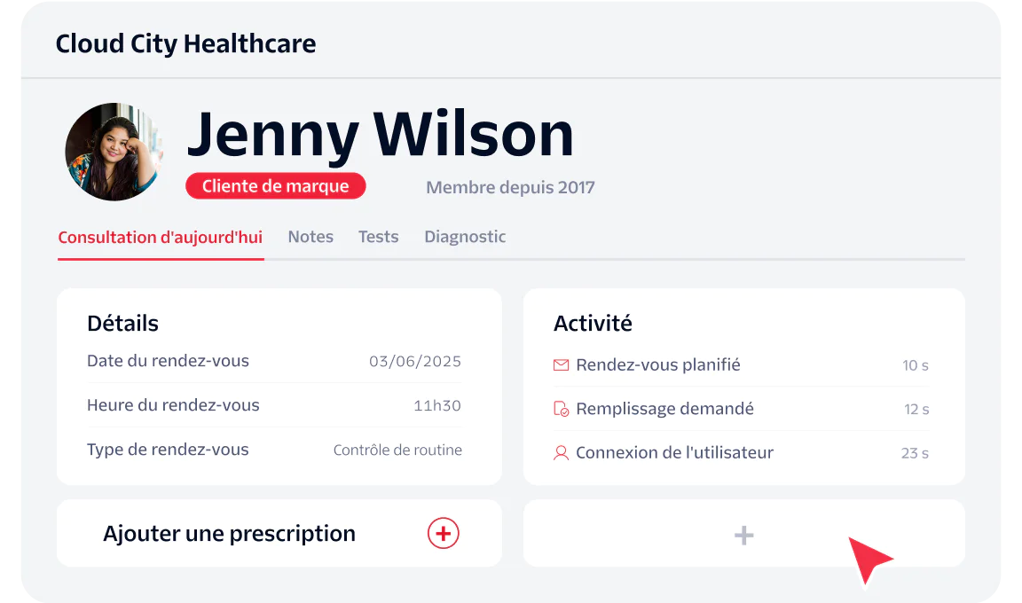Cloud City Healthcare dashboard for Jenny Wilson showing appointment and activity details.