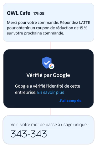 Notifications showing order confirmation from OWL Cafe and Google business verification.
