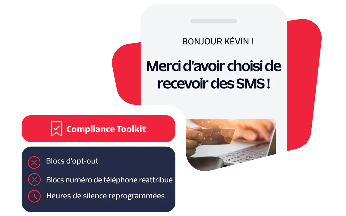 A phone screen showing a message thanking Kevin for opting in to receive text messages, with Compliance Toolkit details.