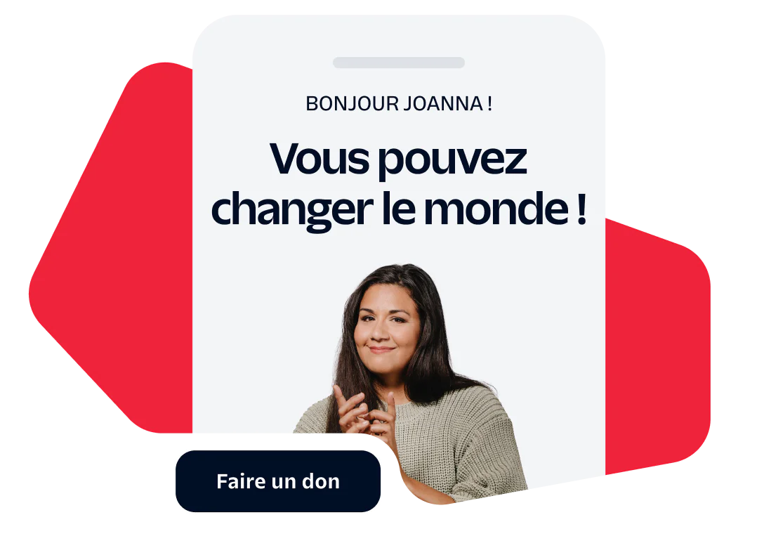 Woman in front of Be a part of the change! message with a donate button below.