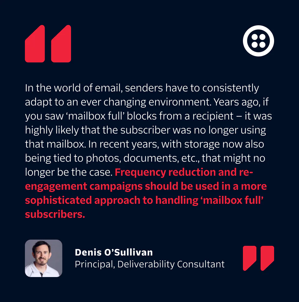 Denis O'Sullivan discusses adapting to changing email environments in a text bubble with his photo.