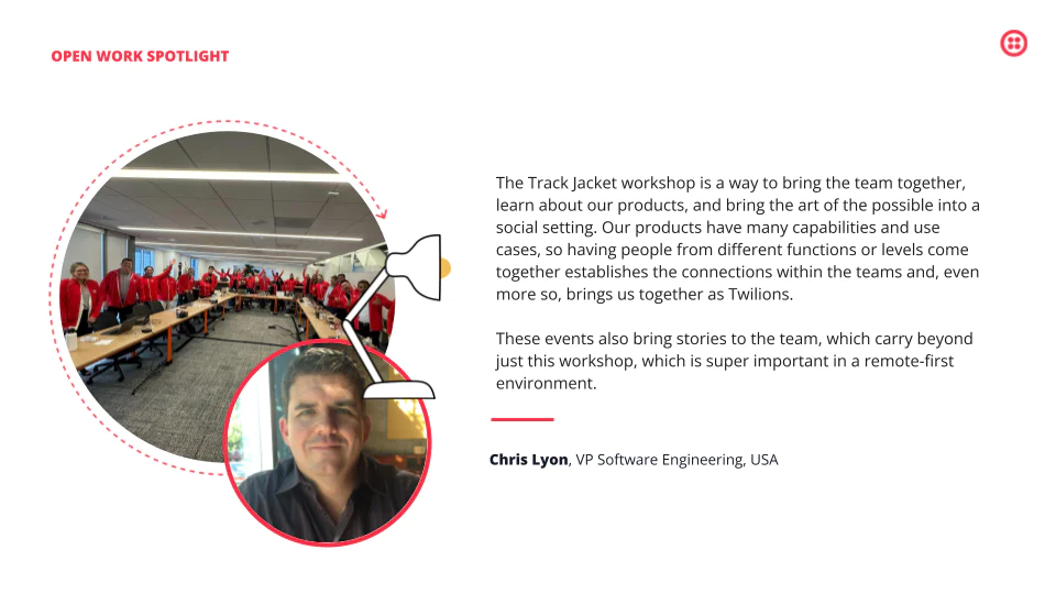 Photo and text testimonial from Chris Lyon who speaks about the importance of Twilio track jacket program for cohesion and productivity.