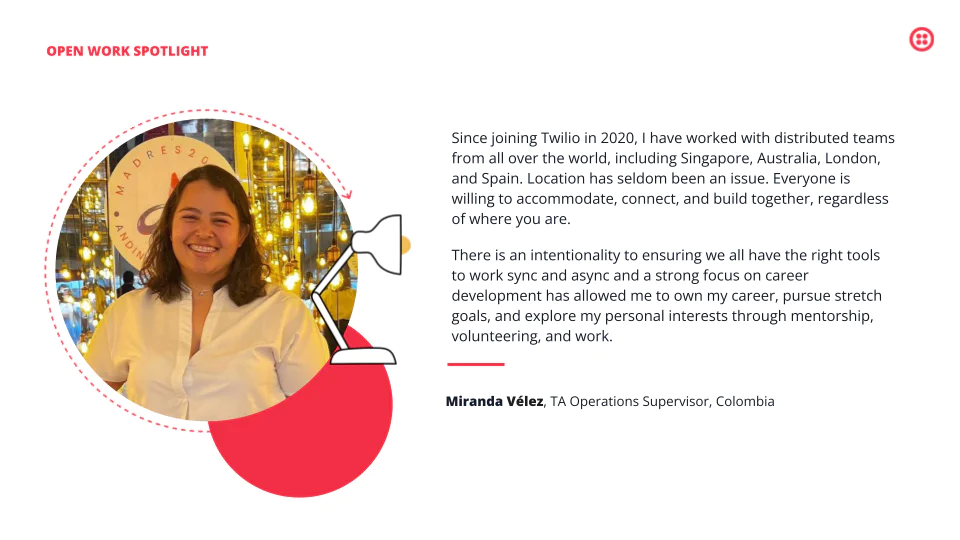Miranda Vélez smiling with text detailing her remote work experience and role at Twilio.