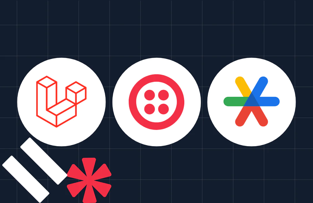 Three tech company logos in white circles on a dark grid background with additional red and white elements.