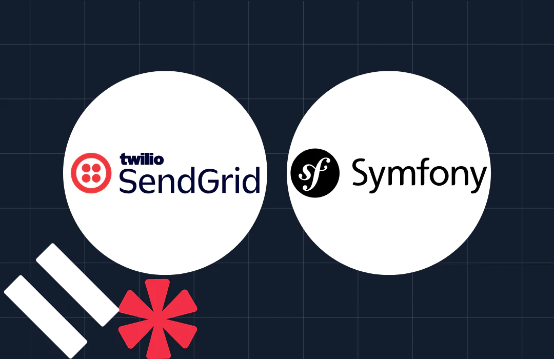 Twilio SendGrid and Symfony logos on a dark grid background with abstract shapes