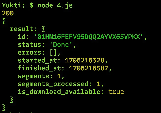 Successful result of bulk validation api call via node.js