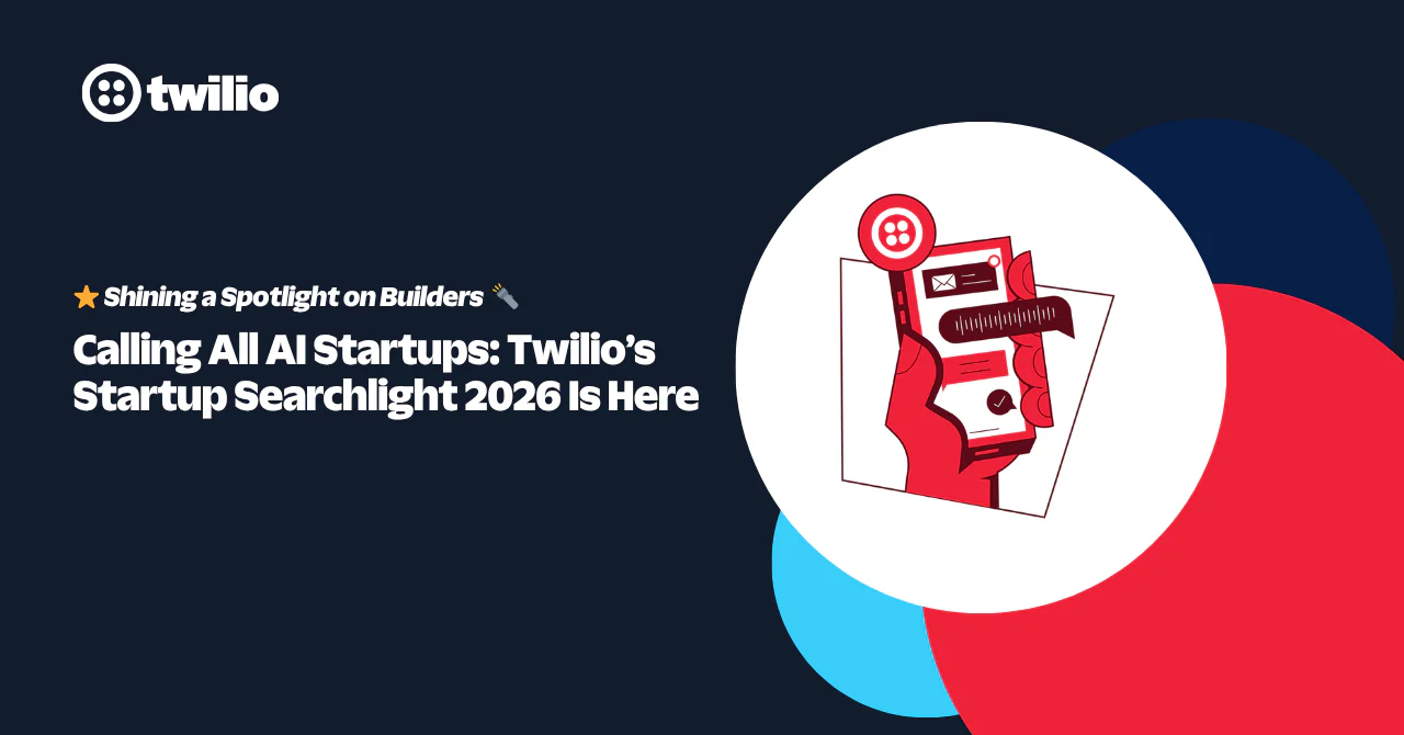 Twilio's Startup Searchlight 2026 event for AI startups, featuring a spotlight on builders.