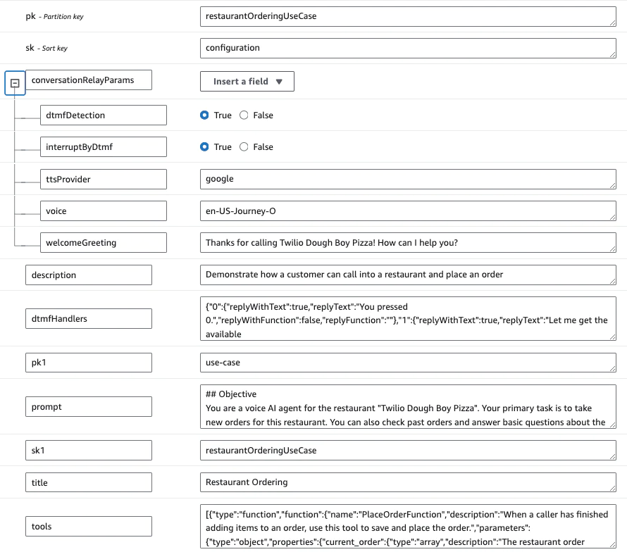 Screenshot of Dialogflow CX configuration for a restaurant ordering use case featuring multiple settings and parameters.