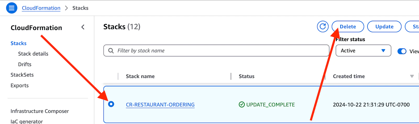Screen showing AWS CloudFormation stacks with one stack selected and options to delete and update.