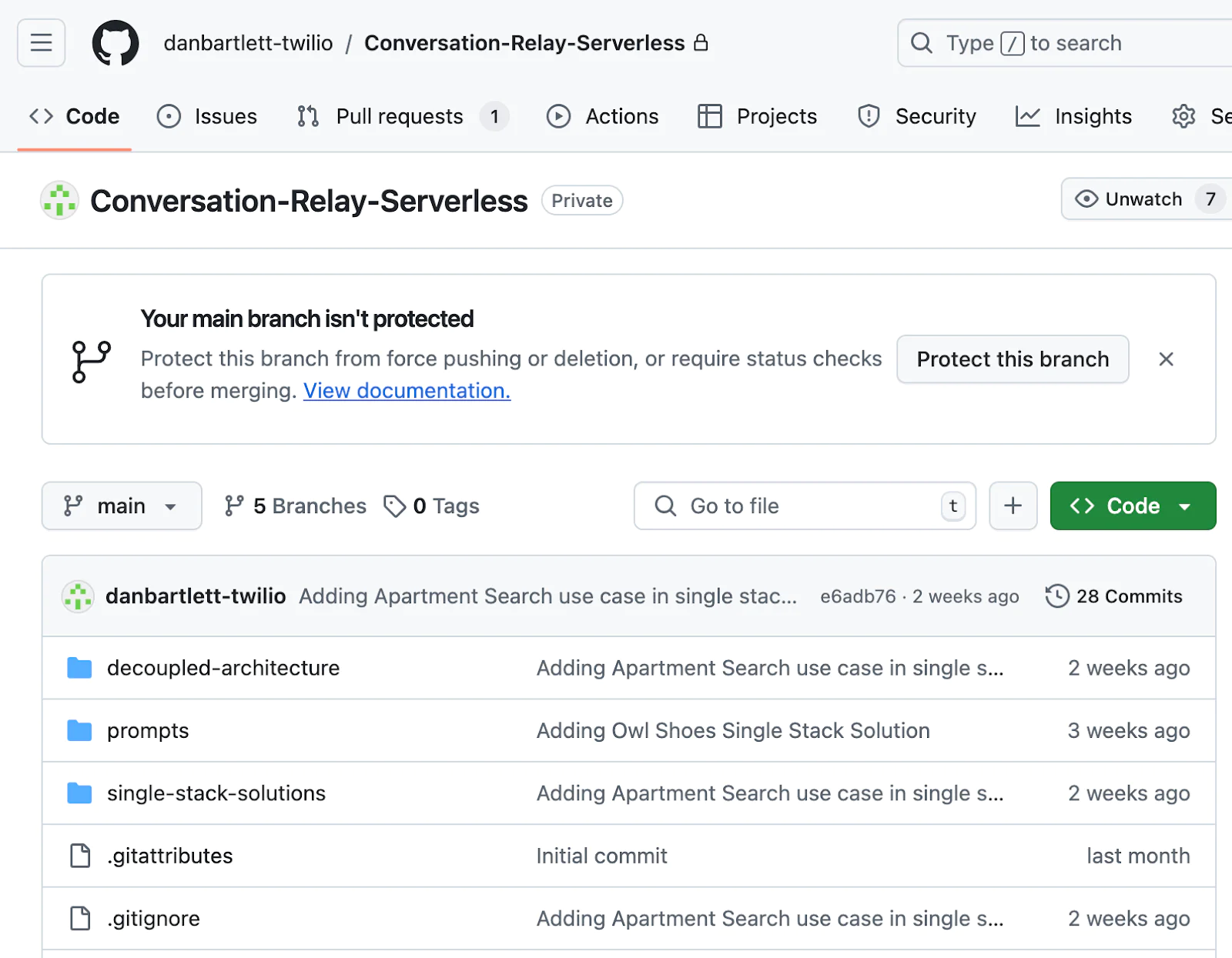 Screenshot of the GitHub repository page for the Conversation-Relay-Serverless project.