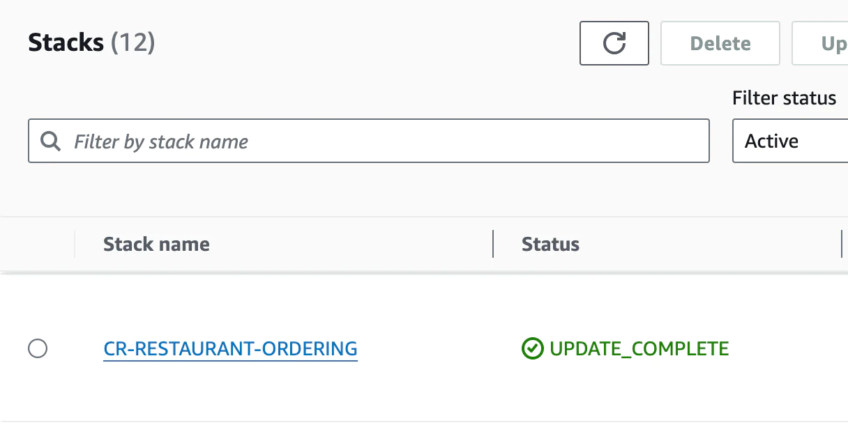 AWS CloudFormation dashboard showing stack CR-RESTAURANT-ORDERING with status UPDATE_COMPLETE.