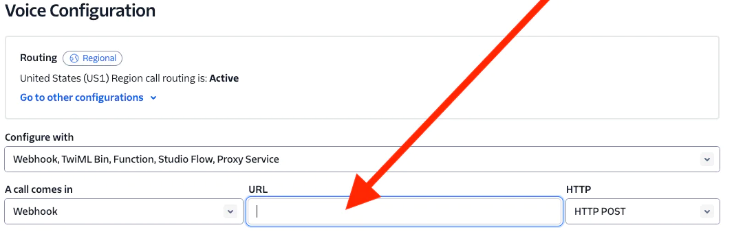 Voice configuration page with a red arrow pointing to an empty URL field for webhook setup.