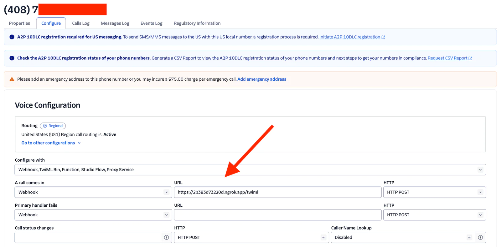 Screenshot of voice configuration settings in an online portal with fields for routing and URL configuration.