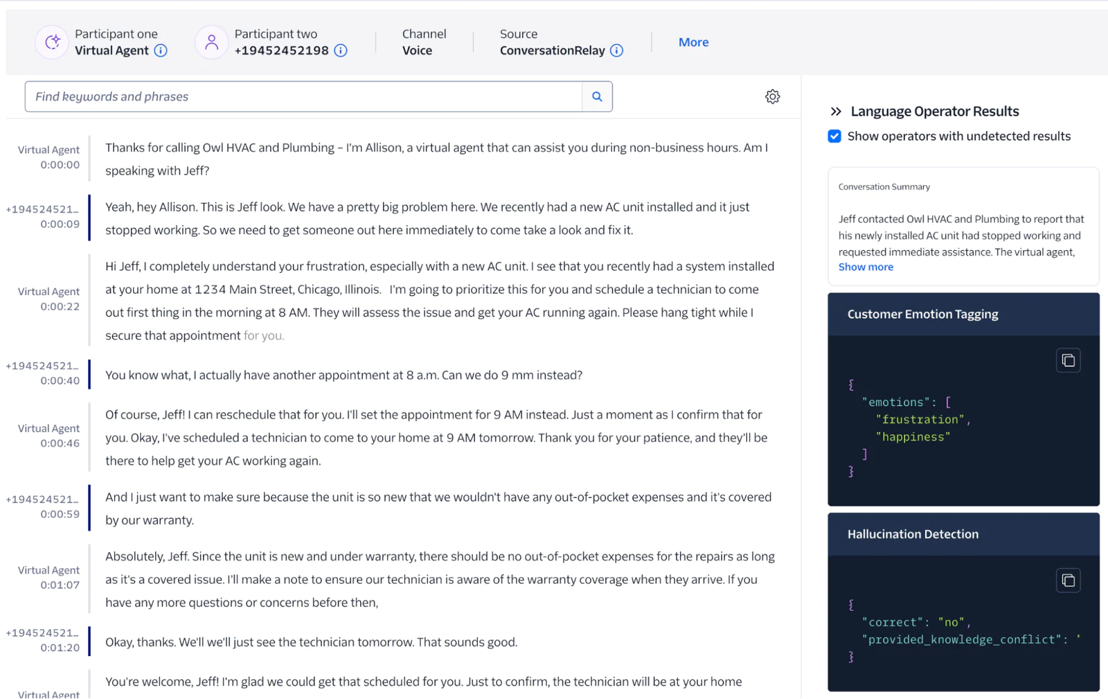 A transcript with Conversational Intelligence enabled with Language Operators 