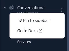 Context menu with options Pin to sidebar and Go to Docs under Conversational Intelligence.
