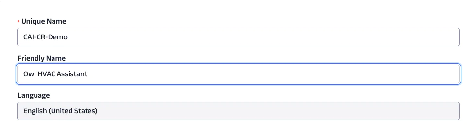 Form with fields for Unique Name, Friendly Name, and Language for an Owl HVAC Assistant.