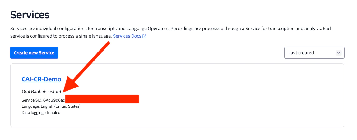 Service configuration details for CAI-CR-Demo with highlighted Service ID.