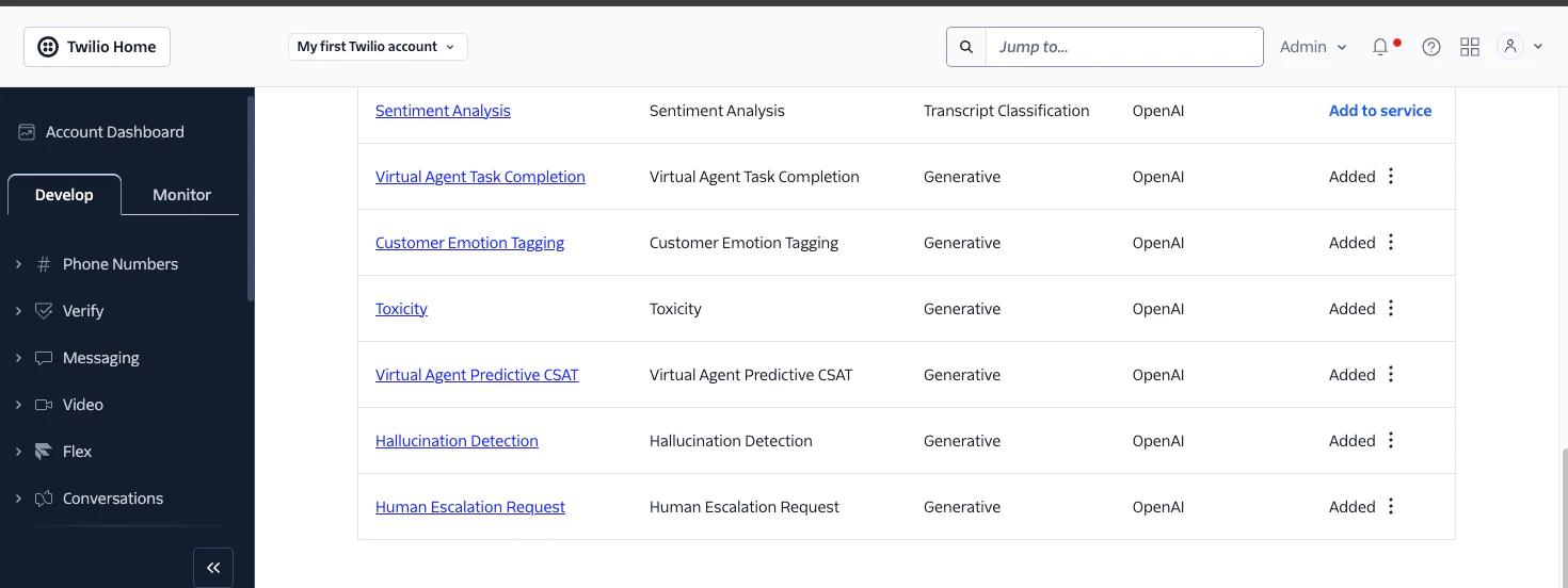 Screen capture of Twilio dashboard showing various AI services like sentiment analysis, task completion, and more.