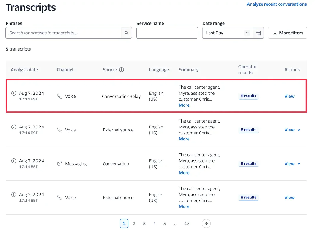 Screenshot of a webpage showing a list of call center conversation transcripts with filters and search options.