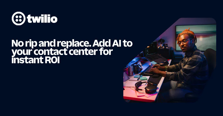 Man at work computer with Twilio logo promoting AI for contact centers.