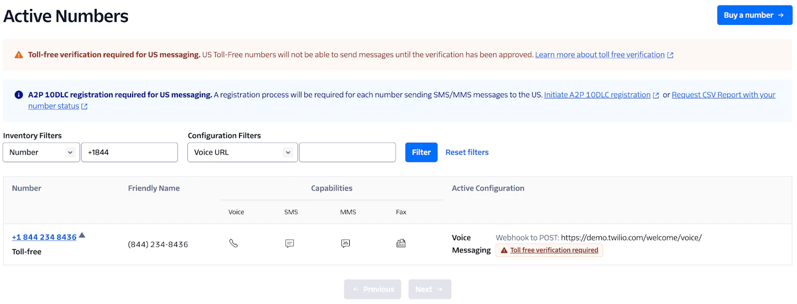 Active phone numbers in the Console.