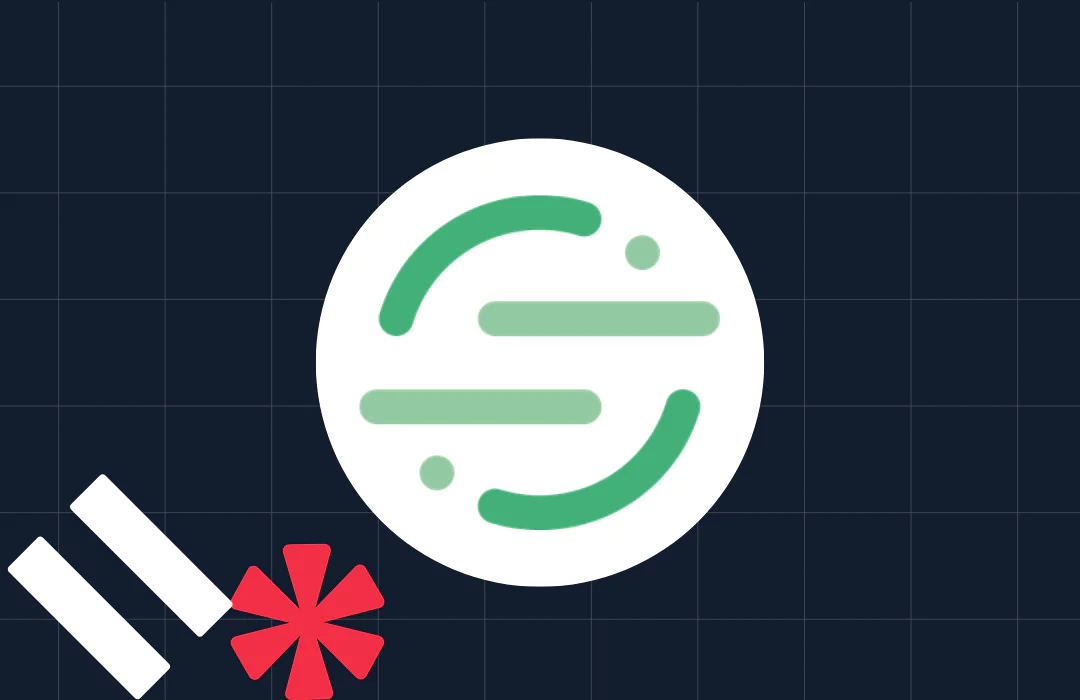 Green and white geometric logo on a dark grid background with diagonal white bars and a red asterisk.