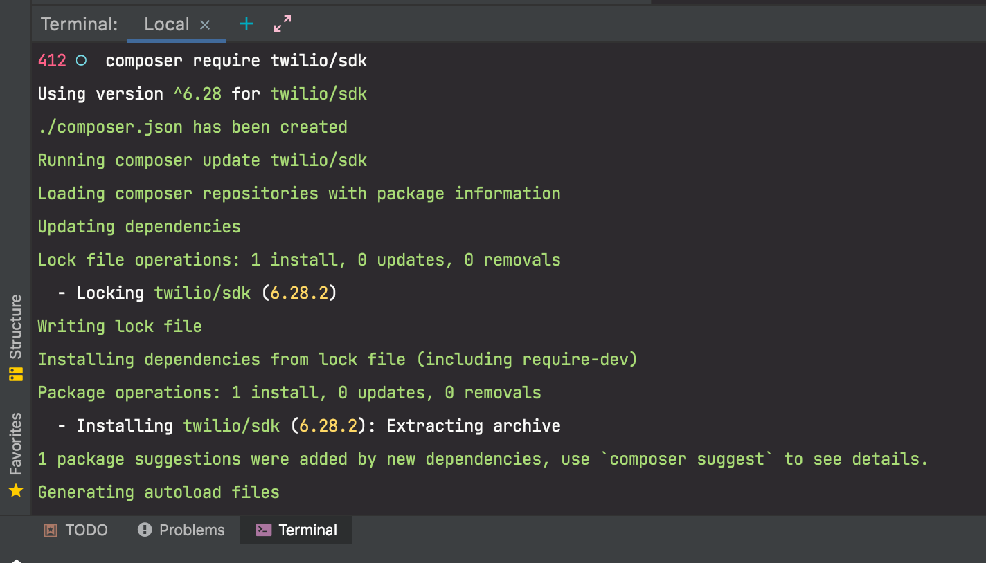 Running composer require in PhpStorm's terminal tab.